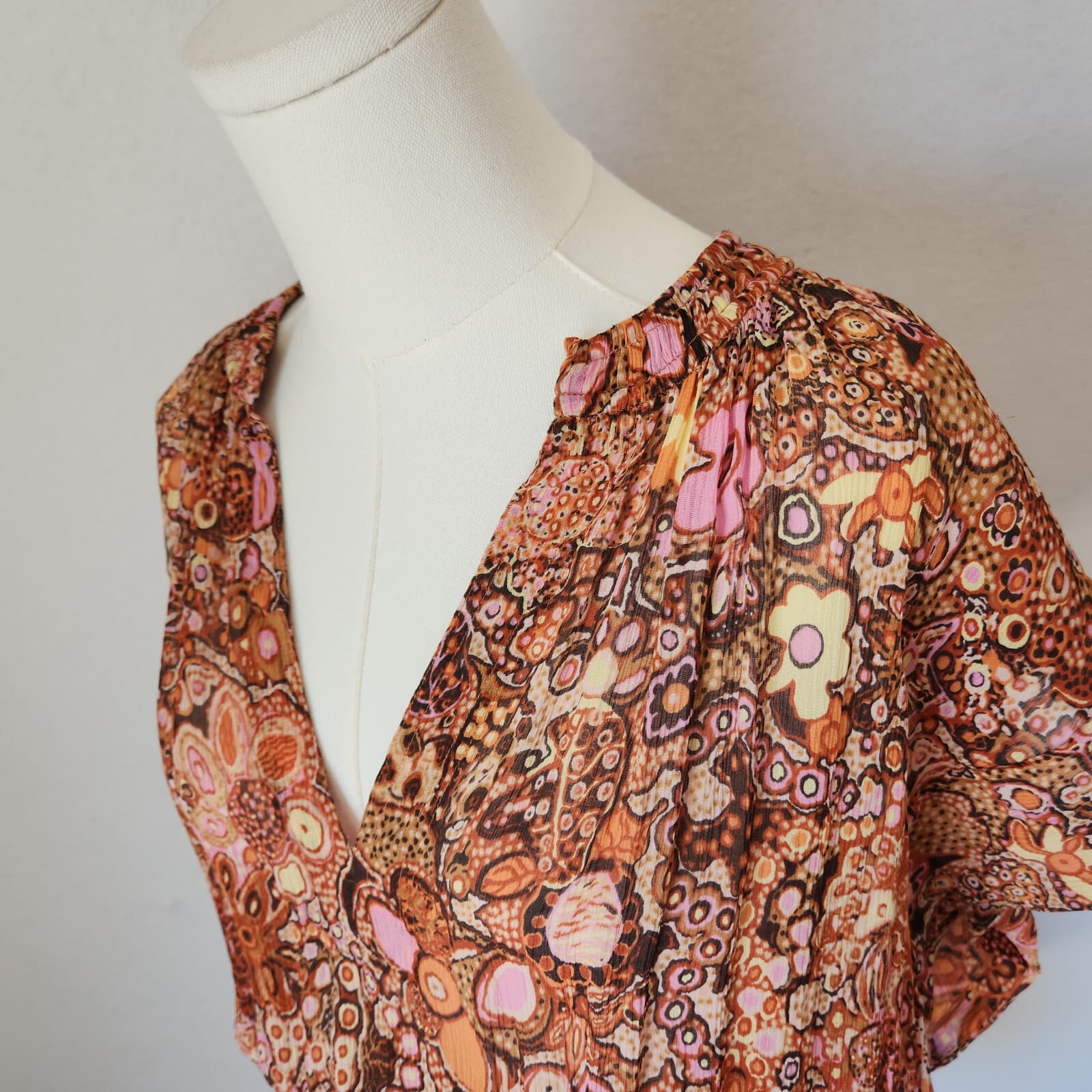 A.L.C. Carly Floral Silk Smocked Mini Dress Cap Sleeve Multicolor Chiffon Sz.10 - Thumbnail 4