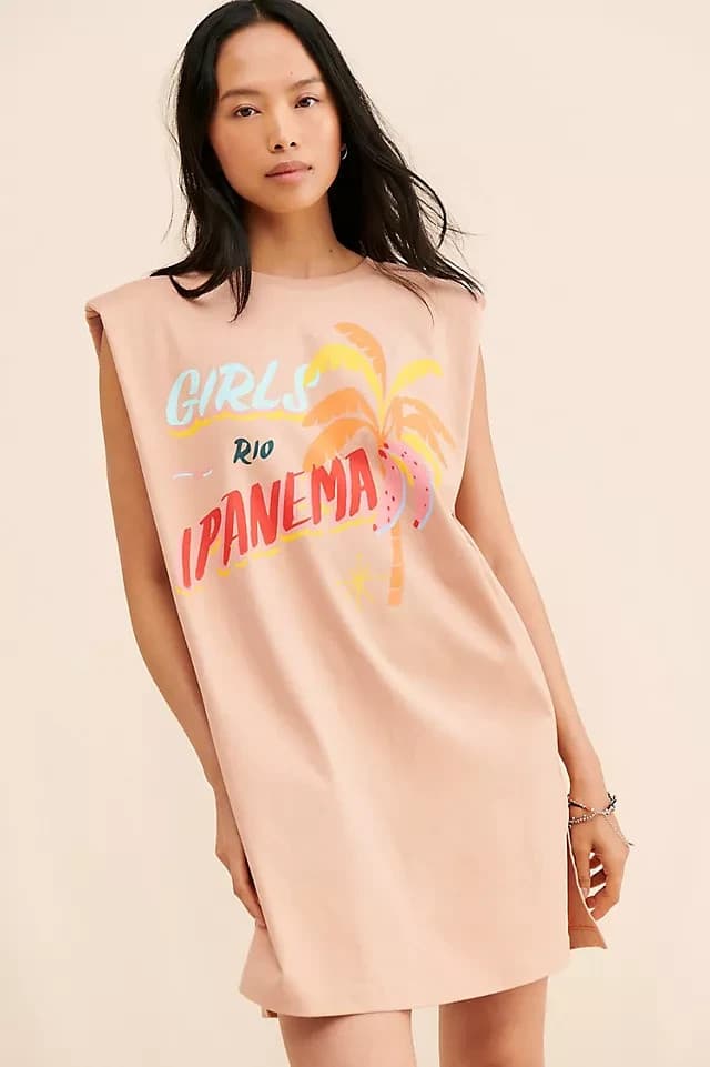 FARM Rio Ipanema Graphic Mini T-Shirt Dress Crewneck Cap Sleeve Cotton Tan Sz.S - Thumbnail 2