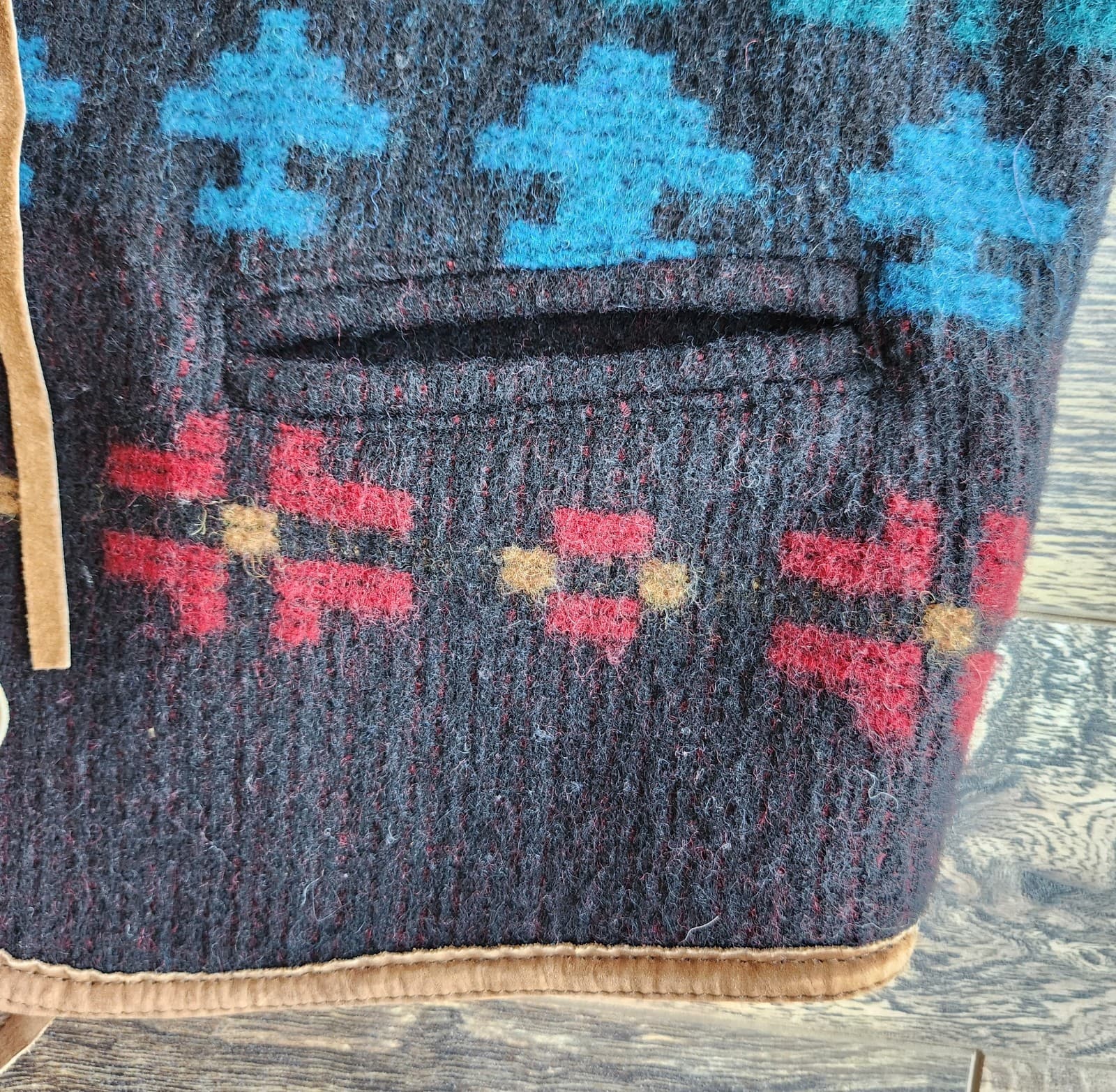 Vintage'80 Woolrich Made in USA Aztec Southwest Wool Leather Trim Vest Women's L - Thumbnail 7