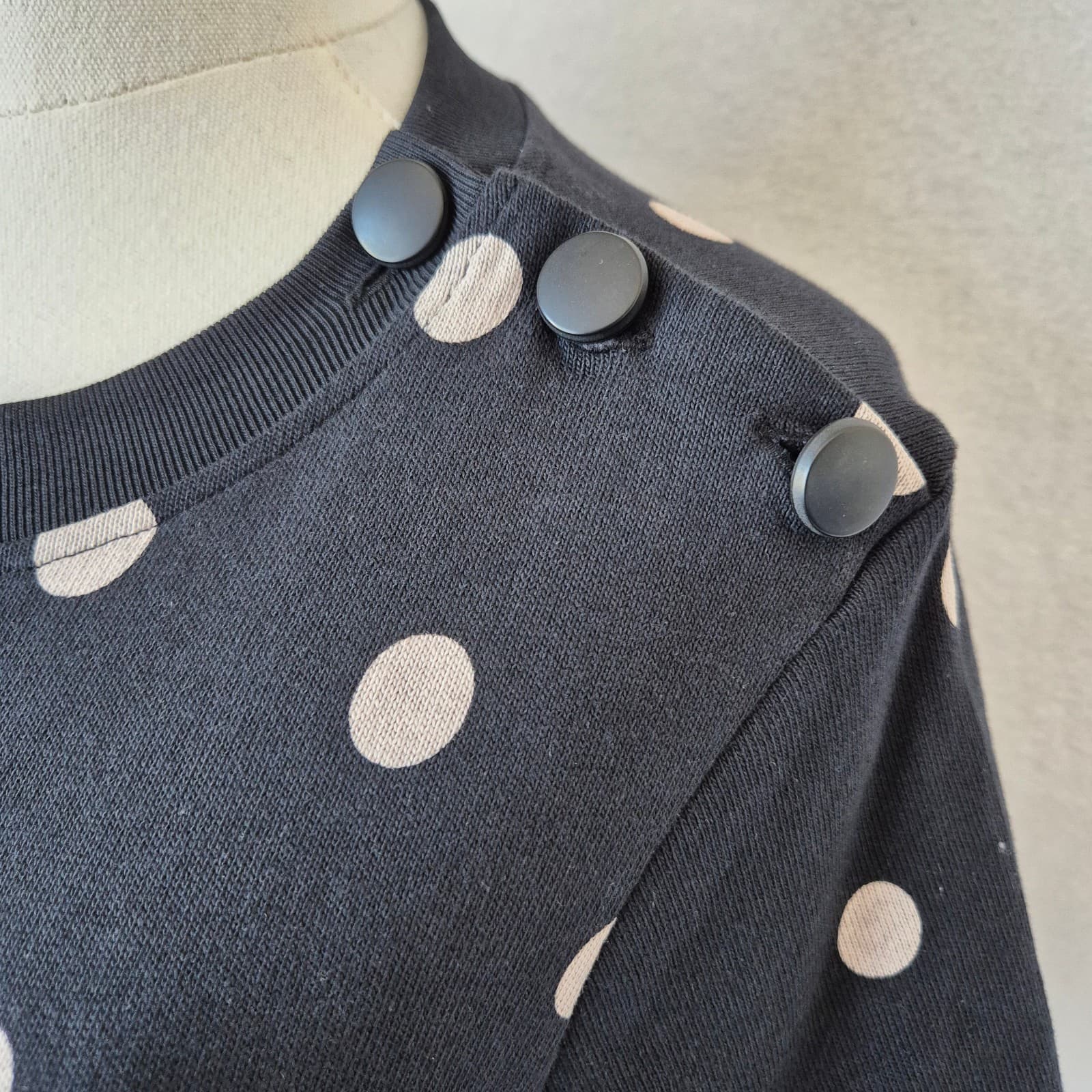 SEZANE Emy Polka Dot Tee-Shirt Dress Crew Neck Short Sleeve Black Ecru Sz.M - Thumbnail 7