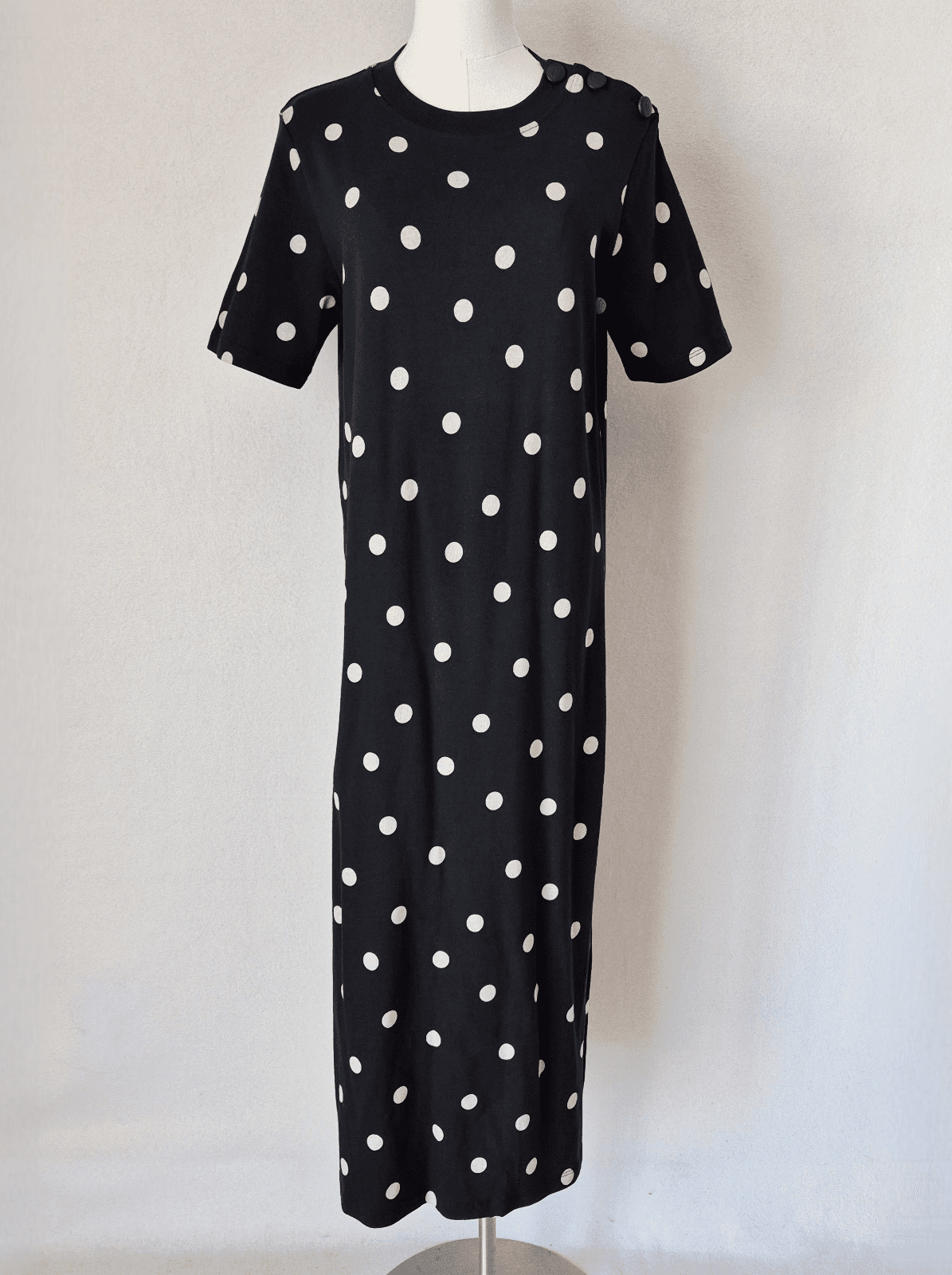 SEZANE Emy Polka Dot Tee-Shirt Dress Crew Neck Short Sleeve Black Ecru Sz.M - Thumbnail 5