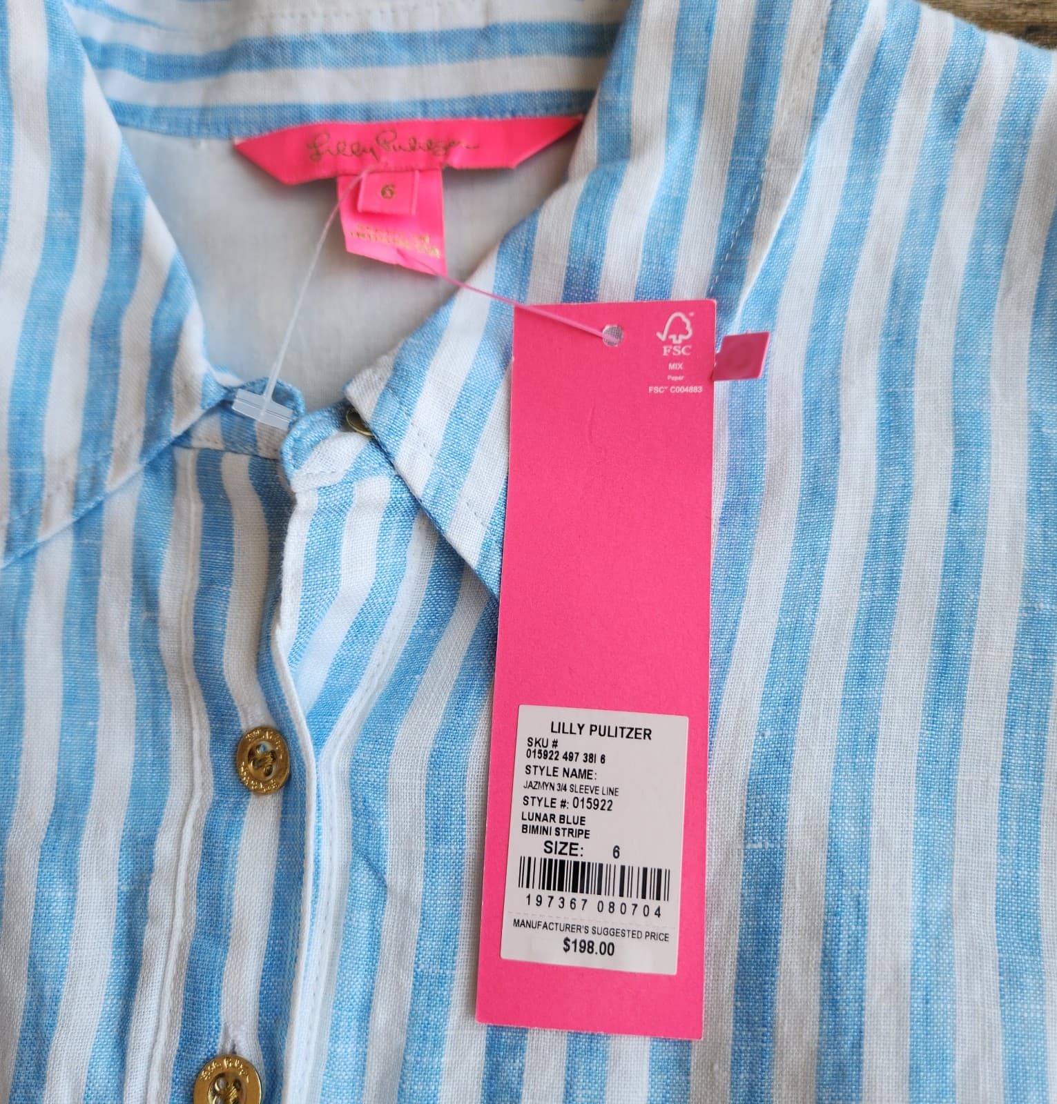 NWT Lilly Pulitzer Sz.6 Linen Jazmyn Dress Bell Sleeve Lunar Blue Bimini Stripe - Thumbnail 11