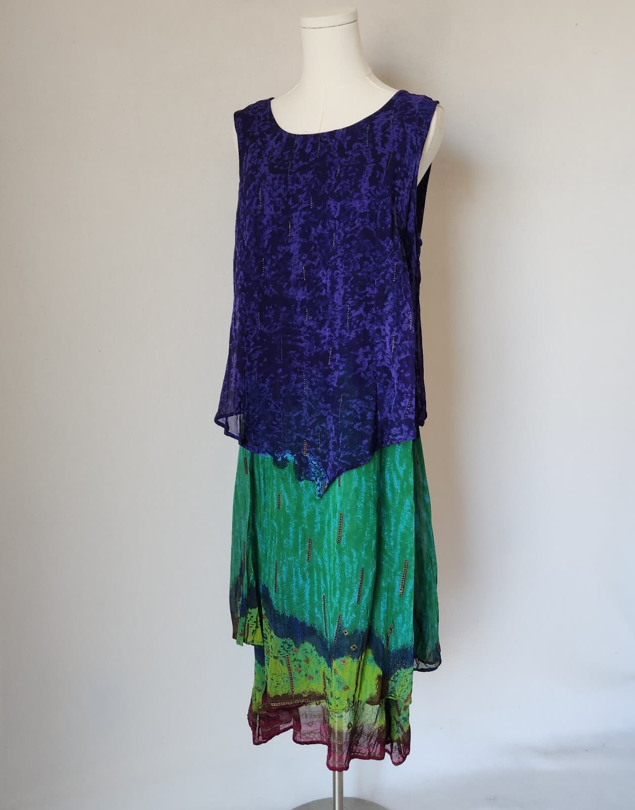 Phool Dip Dye Layered Boho Hippie Midi Dress Sleeveless Multicolor Rayon Women L - Thumbnail 2