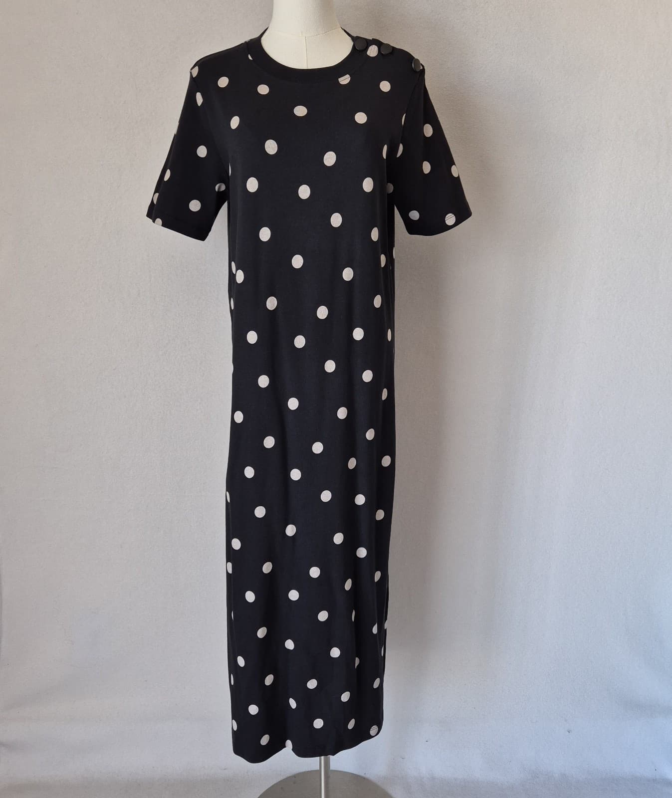 SEZANE Emy Polka Dot Tee-Shirt Dress Crew Neck Short Sleeve Black Ecru Sz.M - Thumbnail 2