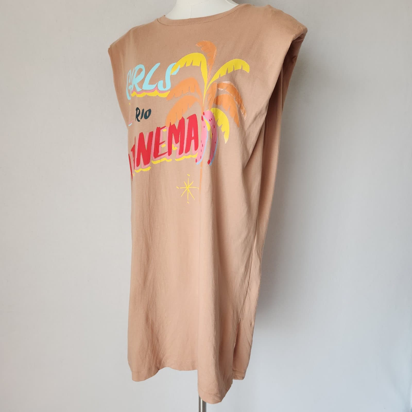 FARM Rio Ipanema Graphic Mini T-Shirt Dress Crewneck Cap Sleeve Cotton Tan Sz.S - Thumbnail 3