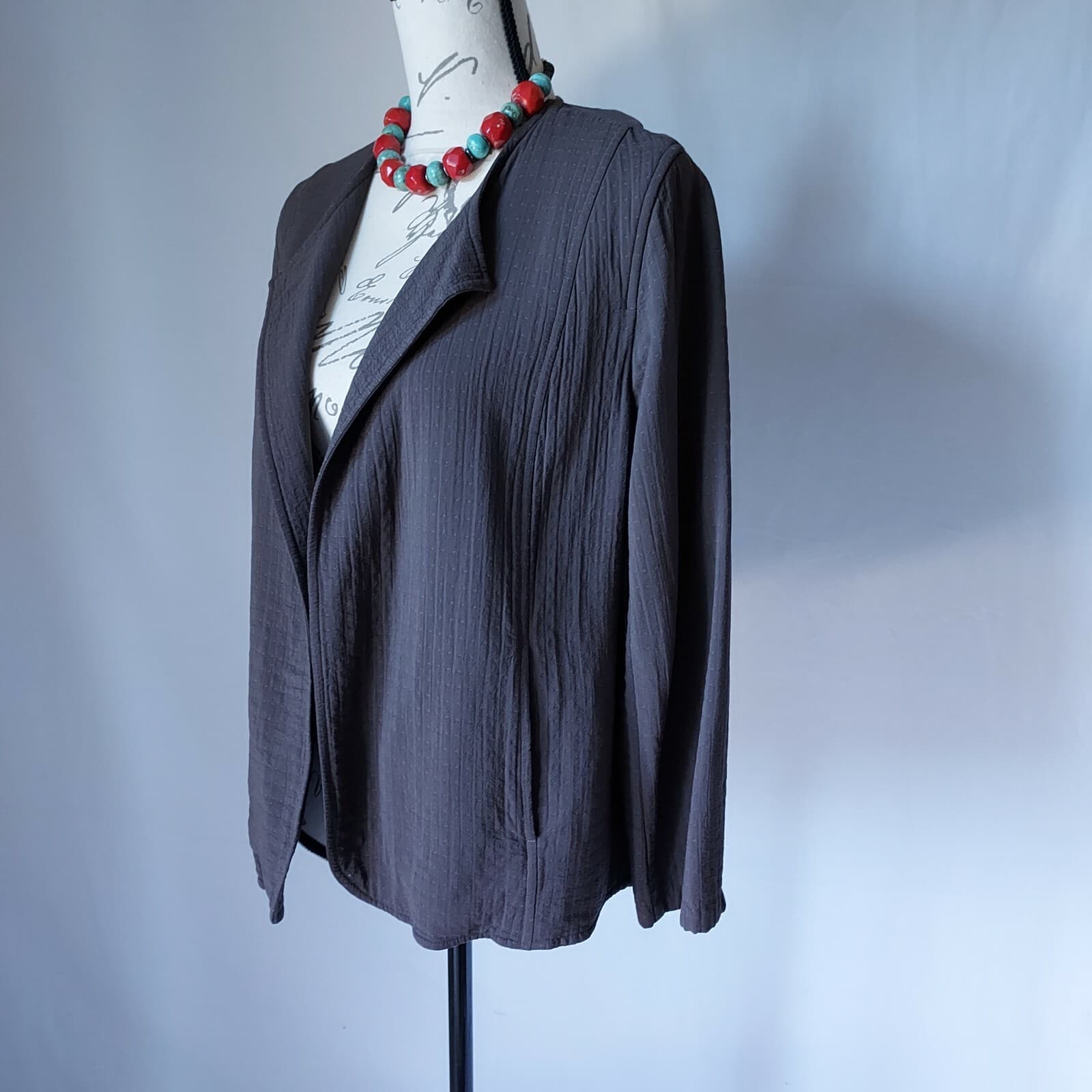 EILEEN FISHER Open Front Jacket Italian Viscose Cotton Blend Pocket Brown Sz.S - Thumbnail 4