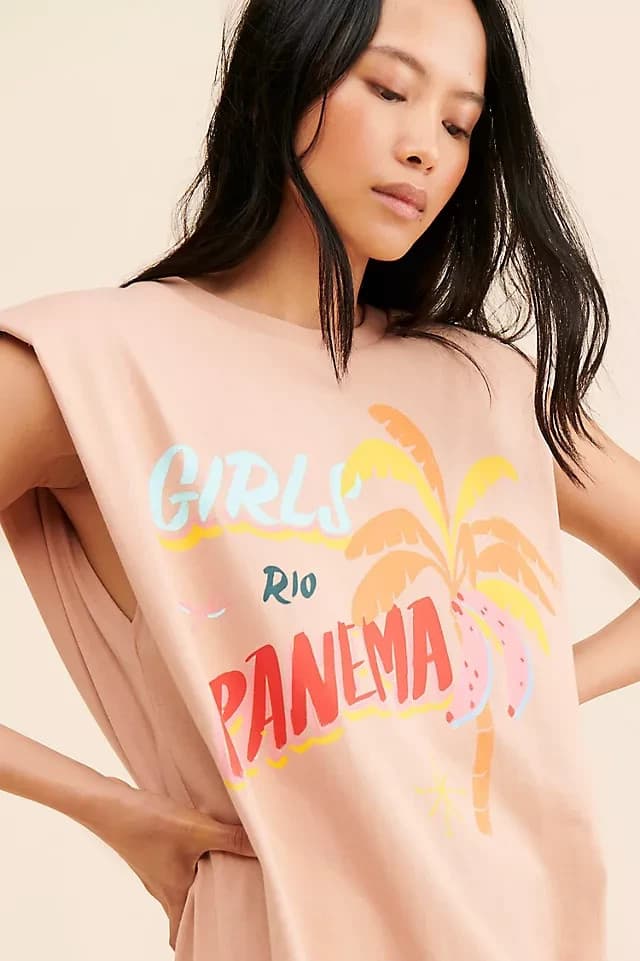 FARM Rio Ipanema Graphic Mini T-Shirt Dress Crewneck Cap Sleeve Cotton Tan Sz.S - Thumbnail 4