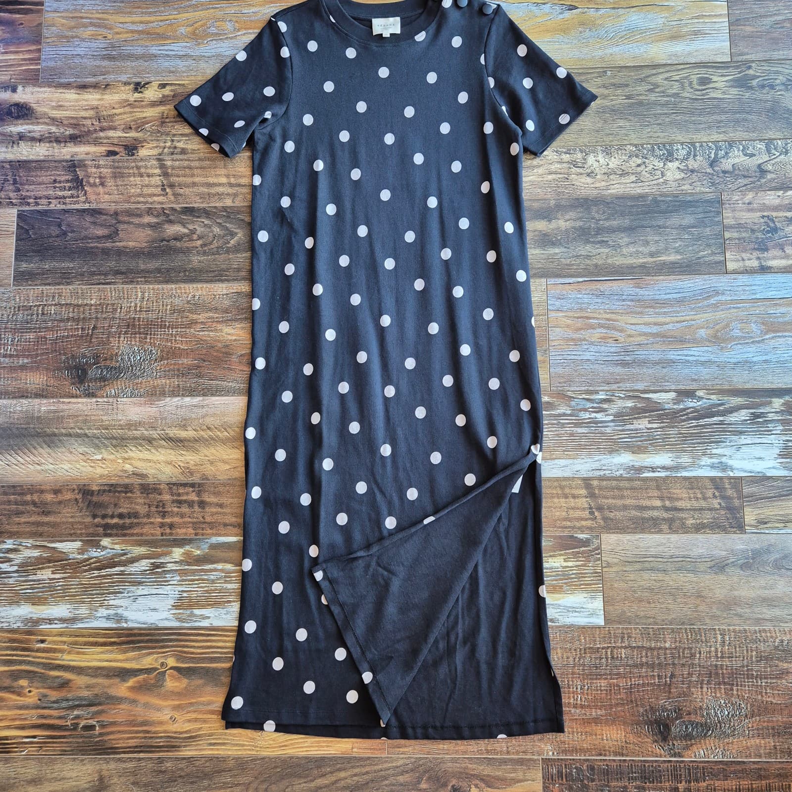 SEZANE Emy Polka Dot Tee-Shirt Dress Crew Neck Short Sleeve Black Ecru Sz.M - Thumbnail 9