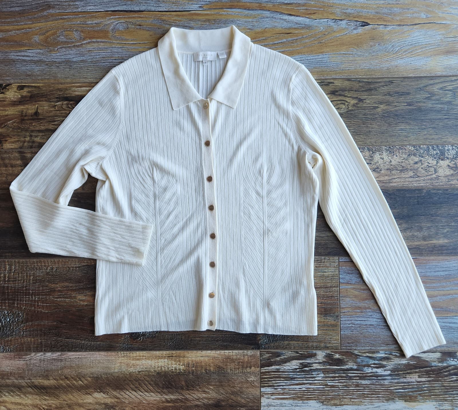 Ted Baker Meenaa Collared Cardigan Gold Button Ribbed Knit Ivory Viscose Sz.4/M - Thumbnail 7