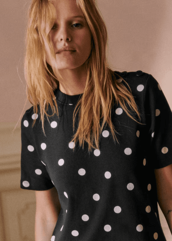 SEZANE Emy Polka Dot Tee-Shirt Dress Crew Neck Short Sleeve Black Ecru Sz.M - Thumbnail 4