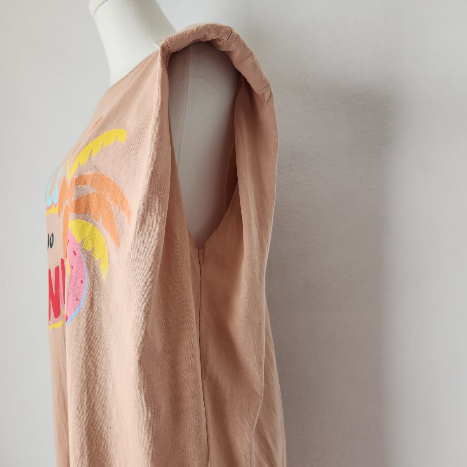 FARM Rio Ipanema Graphic Mini T-Shirt Dress Crewneck Cap Sleeve Cotton Tan Sz.S - Thumbnail 5