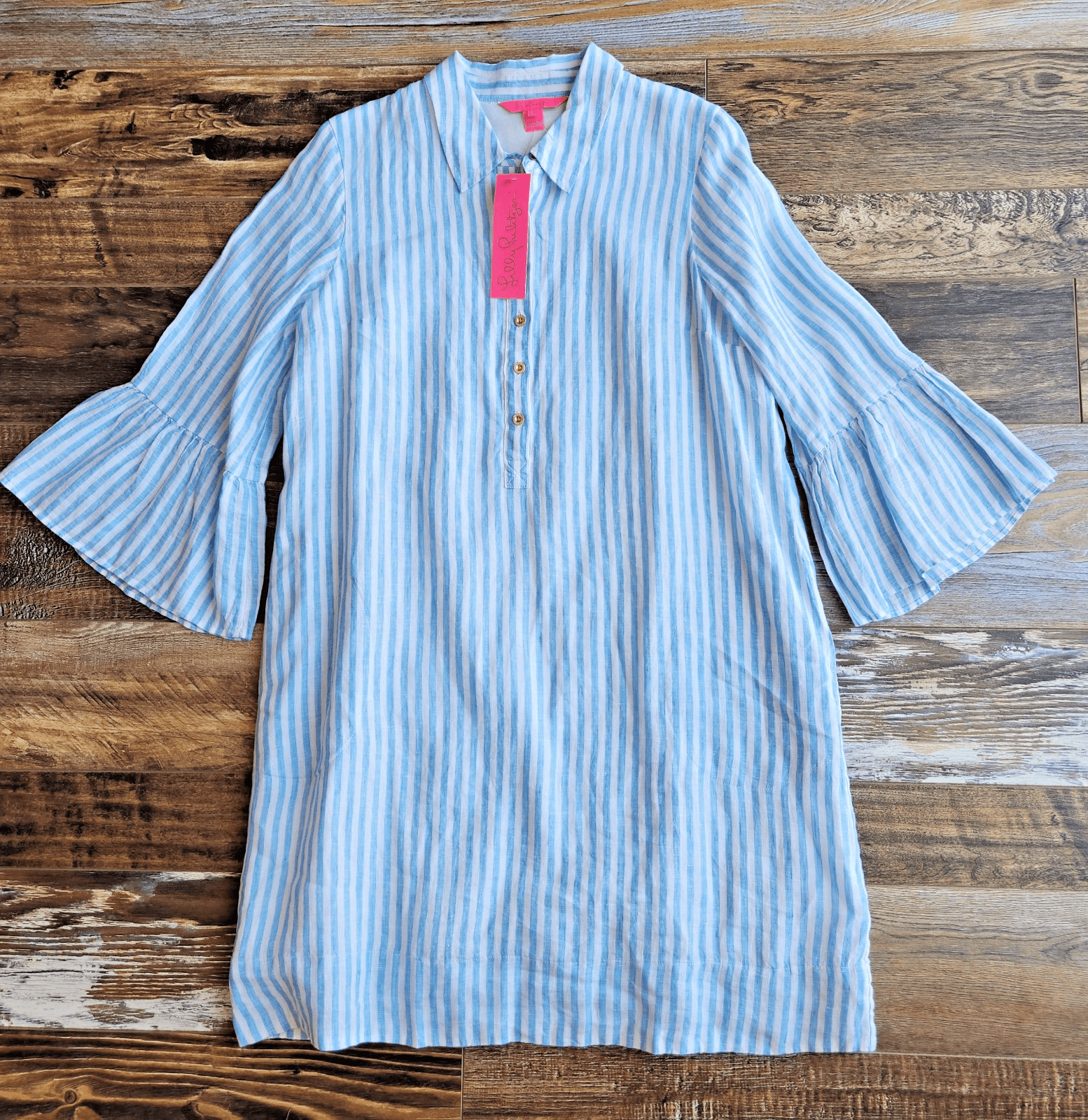 NWT Lilly Pulitzer Sz.6 Linen Jazmyn Dress Bell Sleeve Lunar Blue Bimini Stripe - Thumbnail 3