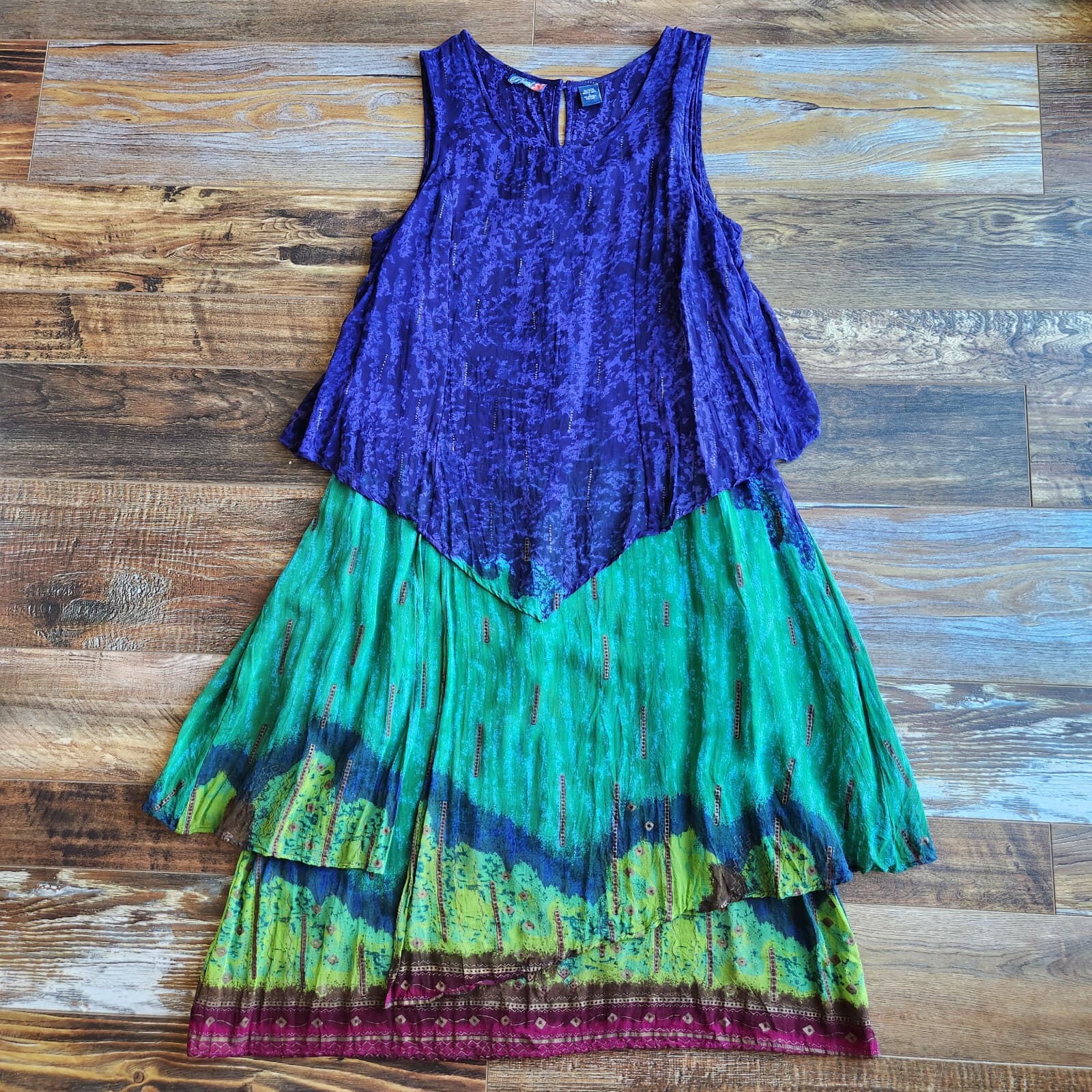 Phool Dip Dye Layered Boho Hippie Midi Dress Sleeveless Multicolor Rayon Women L - Thumbnail 9