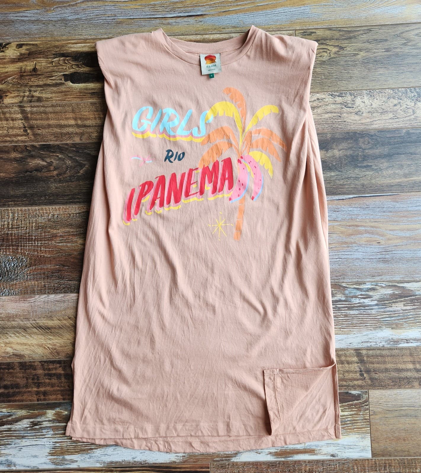 FARM Rio Ipanema Graphic Mini T-Shirt Dress Crewneck Cap Sleeve Cotton Tan Sz.S - Thumbnail 9