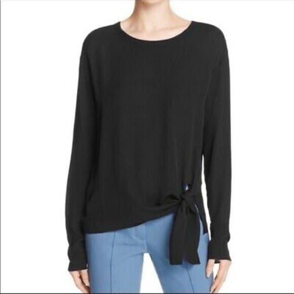 Theory Serah K Ribbed Knit Tie-Front Top Long Sleeve Viscose Black Women's M - Thumbnail 3