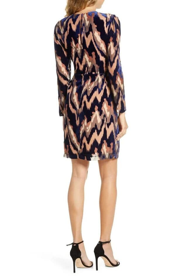 NWT Harlyn Velvet Burnout Cocktail Evening Mini Dress Long Sleeve Taupe Navy S - Thumbnail 9