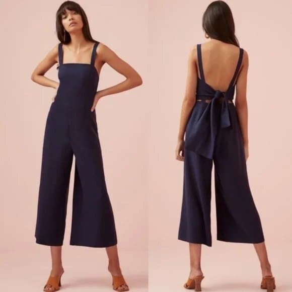 NWT Finders Keepers Limoncello Pantsuit Jumpsuit Wide-Leg Linen Blend Navy US6 - Thumbnail 2