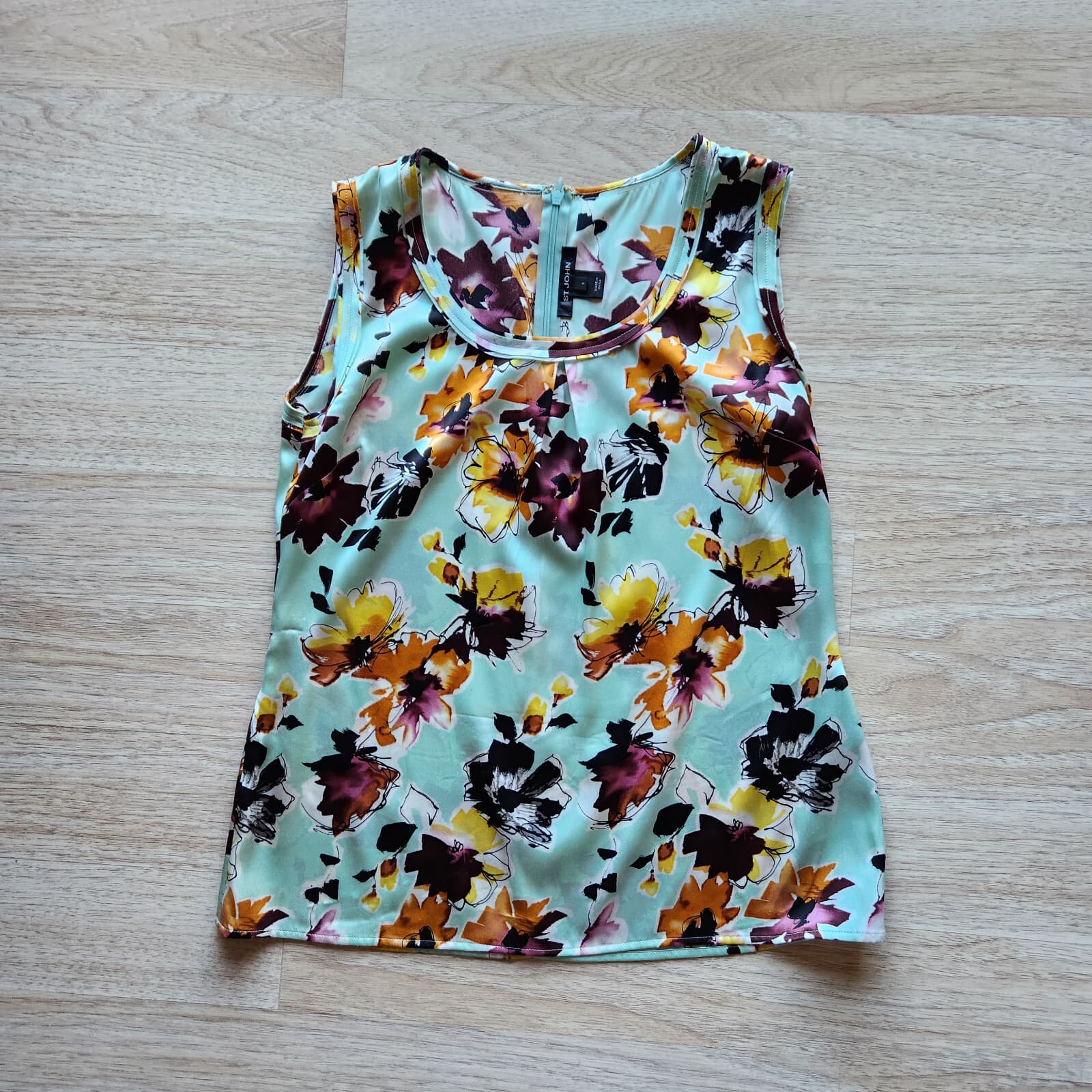 ST.JOHN 100% Silk Satin Floral Women Small Top Sleeveless Scoop Neck Multicolor - Thumbnail 3
