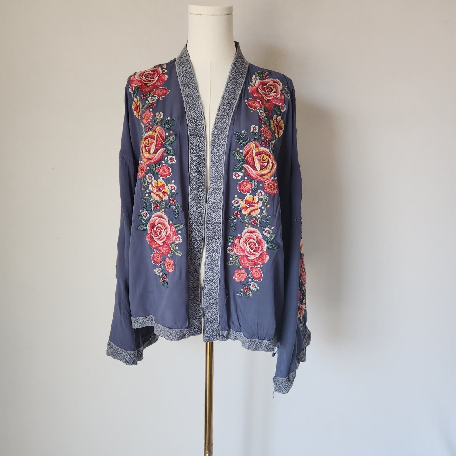 Savanna Jane Floral Embroidered Kimono Open Front Top Long Sleeve Multicolor M - Thumbnail 2