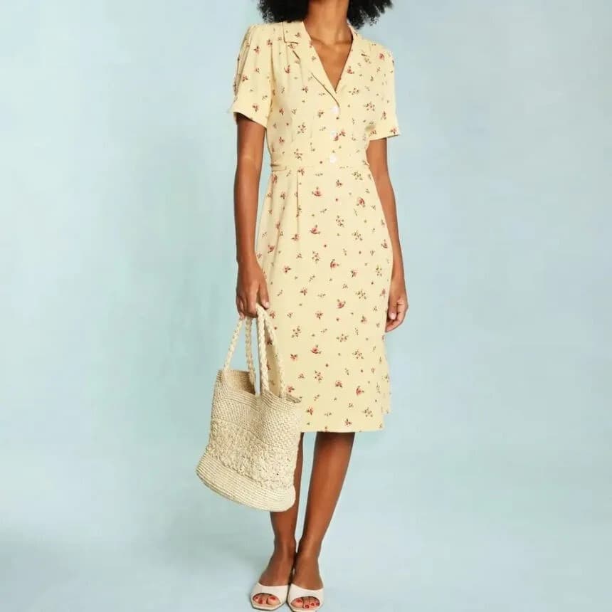 NWT Luxedress Floral/Rose Vintage-Inspired Midi Shirt Dress Tie-Waist Orange M - Thumbnail 5