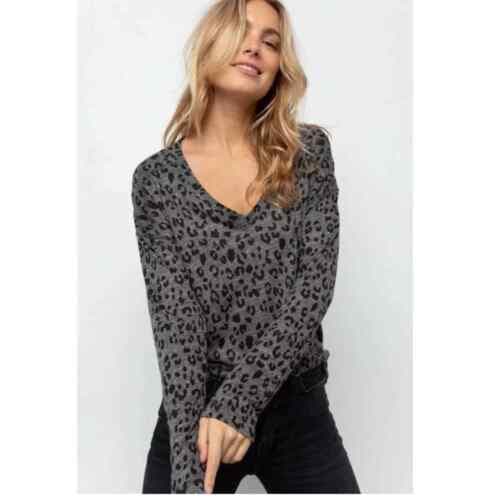 Rails $108 Sami Charcoal Leopard Linen Blend Long Sleeve T-Shirt V-Neck Womens S - Thumbnail 4