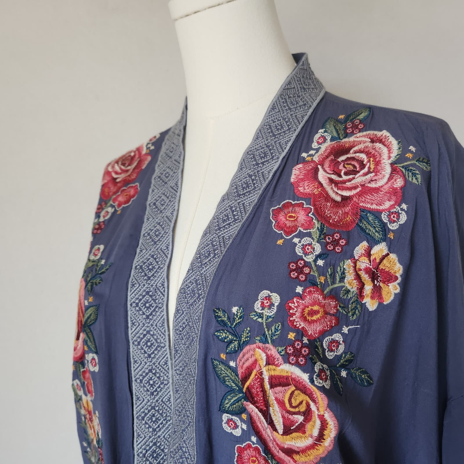 Savanna Jane Floral Embroidered Kimono Open Front Top Long Sleeve Multicolor M - Thumbnail 3