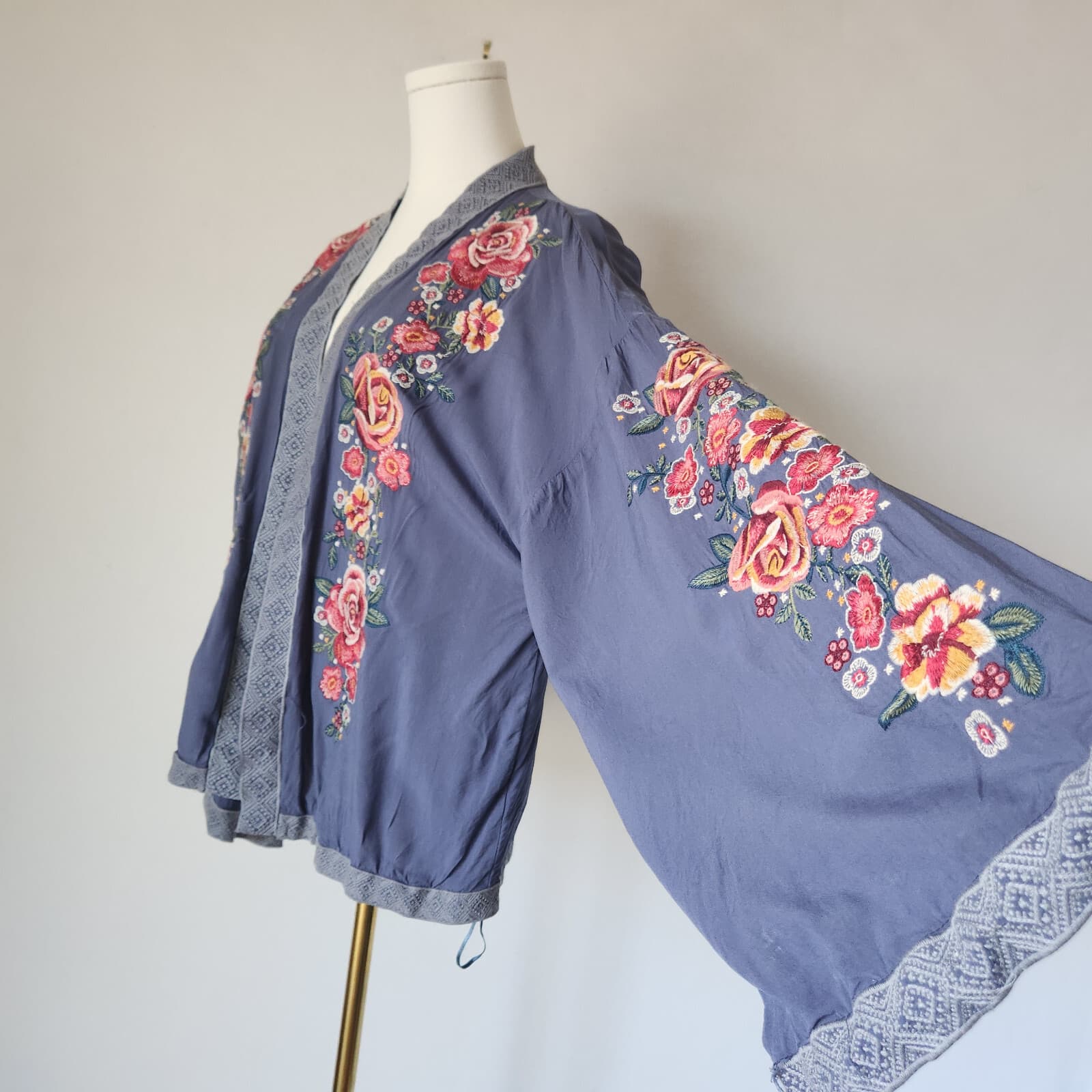 Savanna Jane Floral Embroidered Kimono Open Front Top Long Sleeve Multicolor M - Thumbnail 4