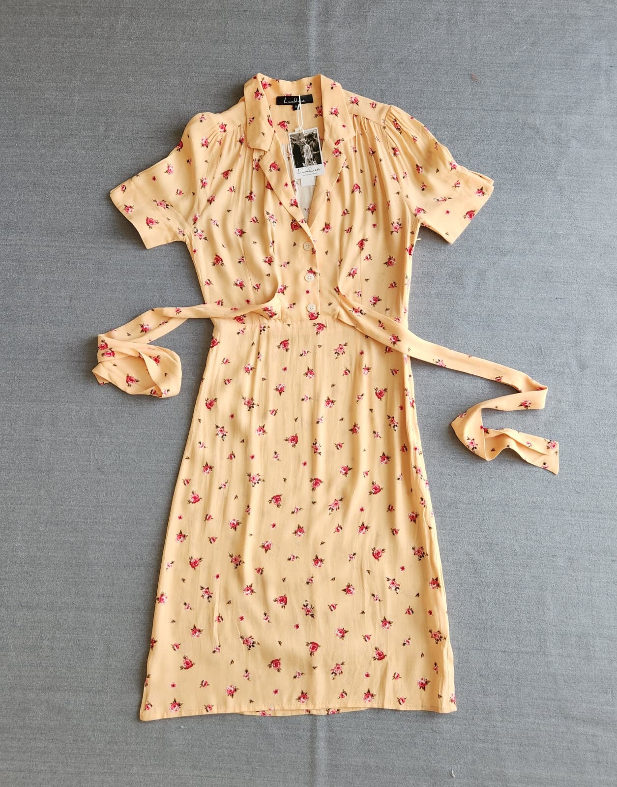 NWT Luxedress Floral/Rose Vintage-Inspired Midi Shirt Dress Tie-Waist Orange M - Thumbnail 8
