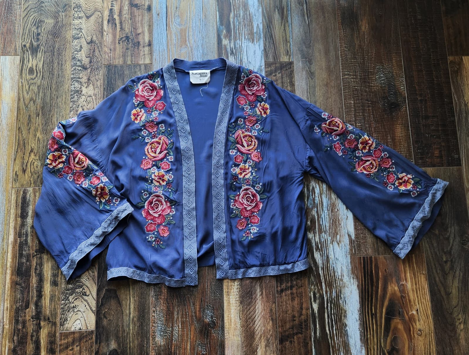 Savanna Jane Floral Embroidered Kimono Open Front Top Long Sleeve Multicolor M - Thumbnail 5