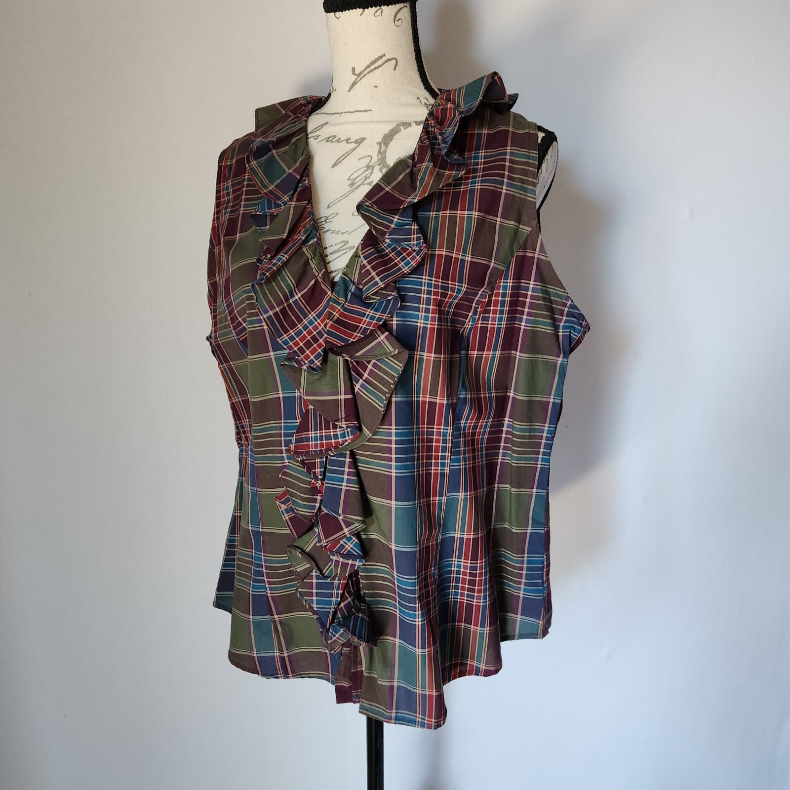 Chaps Plaid Ruffle Women Sz.16 Top Button-Down Sleeveless Multicolor 100% Cotton - Thumbnail 3