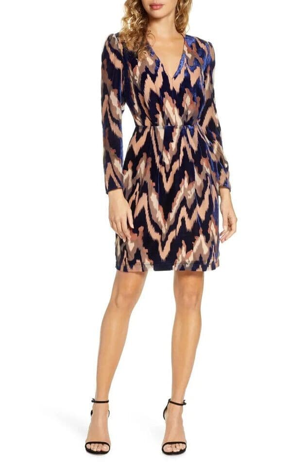NWT Harlyn Velvet Burnout Cocktail Evening Mini Dress Long Sleeve Taupe Navy S - Thumbnail 6
