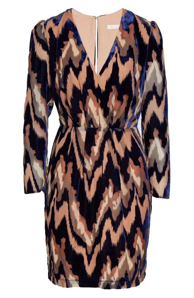 NWT Harlyn Velvet Burnout Cocktail Evening Mini Dress Long Sleeve Taupe Navy S - Thumbnail 2