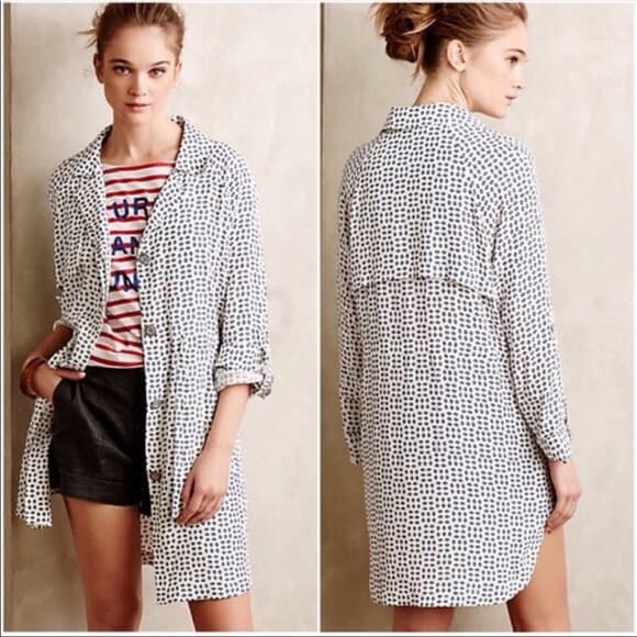 Anthropologie Cartonnier Sightseer Shirt Dress Trench-Jacket Blue White Womens L - Thumbnail 3