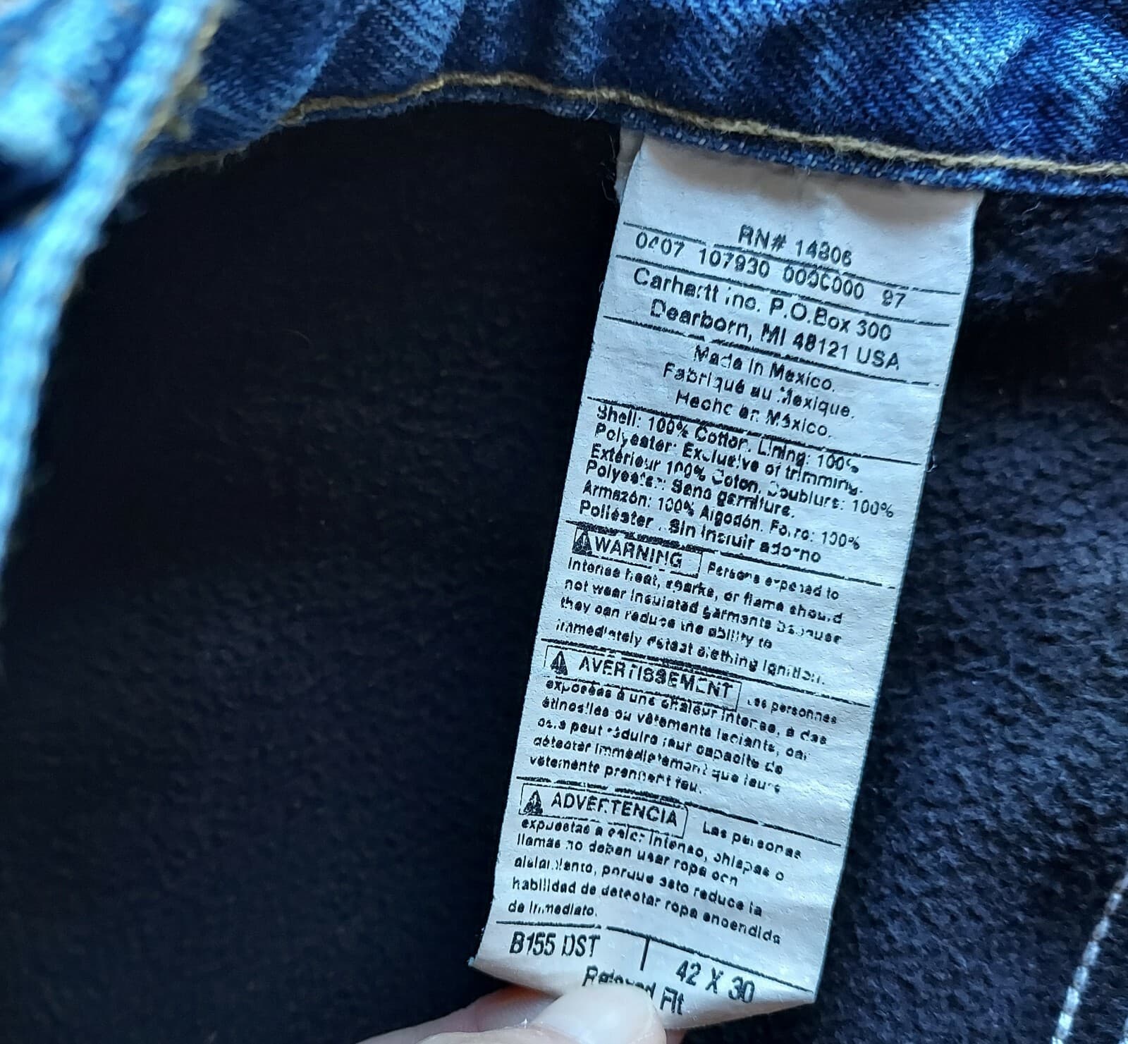 Carhartt Fleece Lined Jeans Straight Leg Relaxed-Fit Zip Blue Men 42x30 Mexico - Thumbnail 8