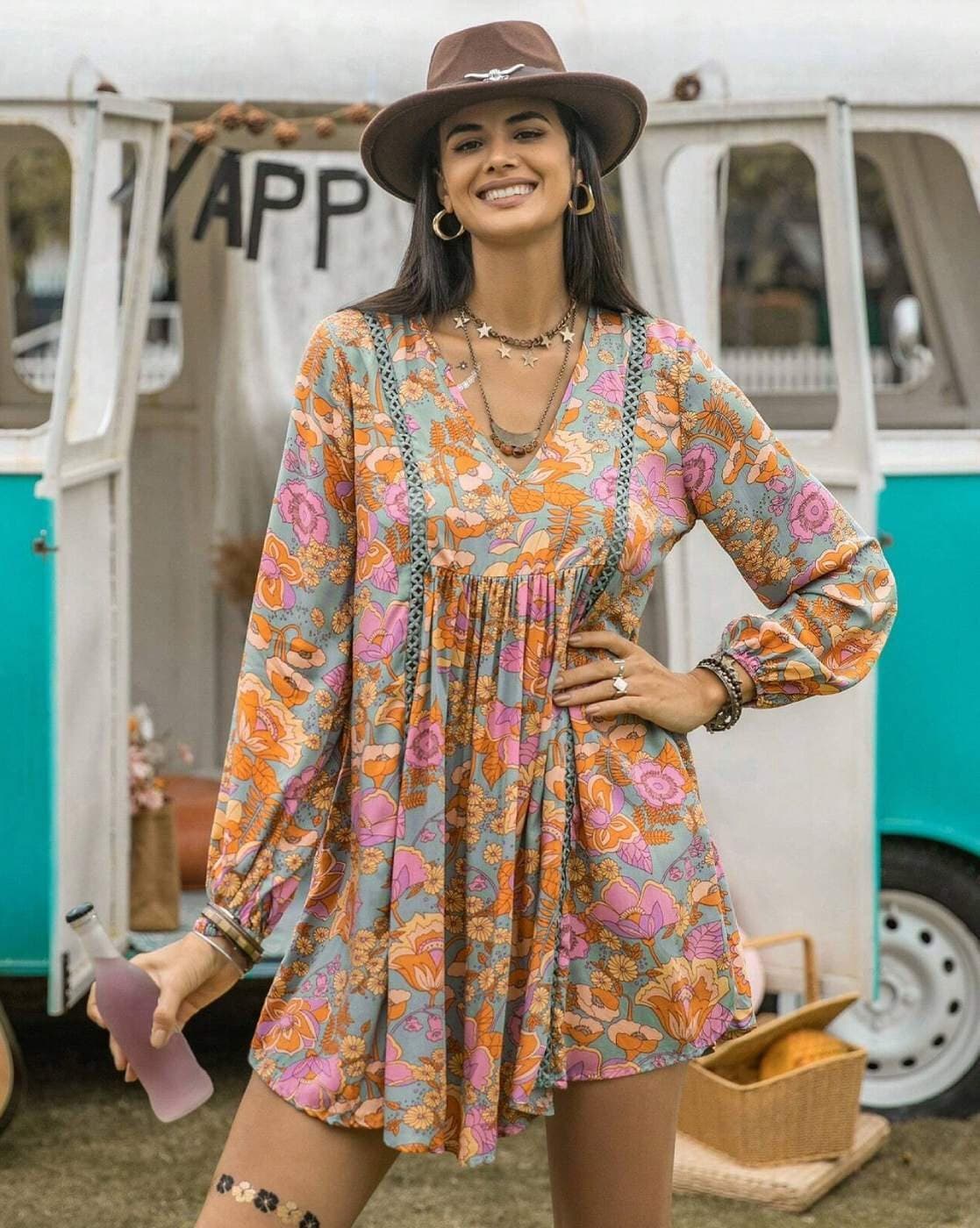 NWT Rusttydustty Modern Bohemia Crush Floral Mini Dress Long Sleeve Viscose 3XL - Thumbnail 6