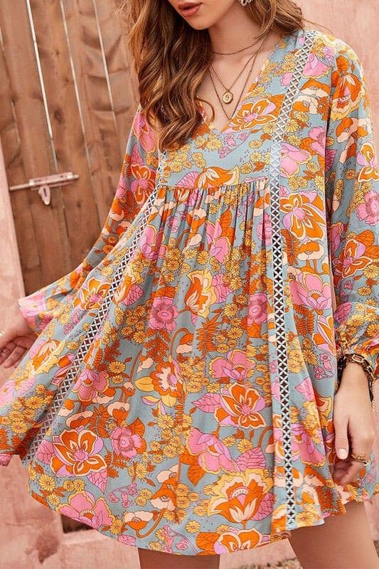 NWT Rusttydustty Modern Bohemia Crush Floral Mini Dress Long Sleeve Viscose 3XL - Thumbnail 3