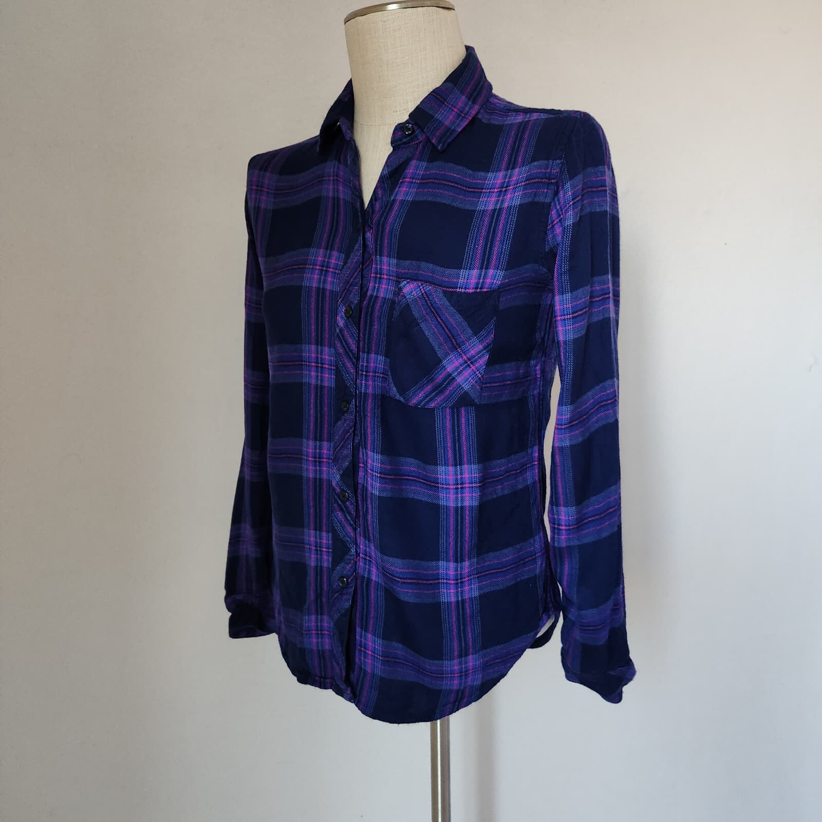 Rails Hunter Ultraviolet Pink Plaid Flannel Shirt Button-Up Long Sleeve Rayon XS - Thumbnail 3