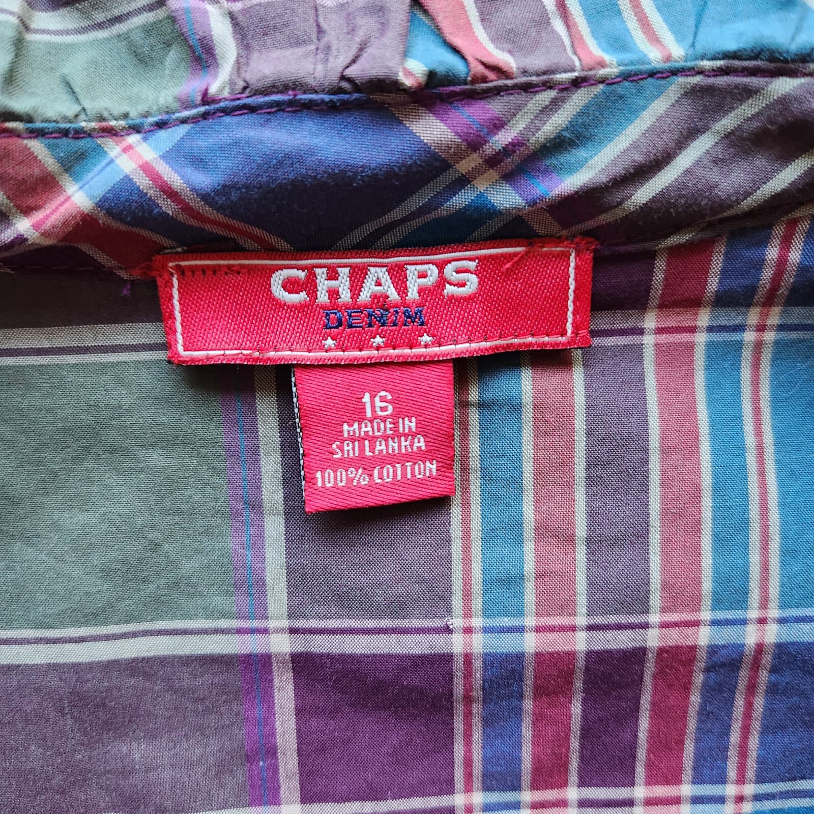 Chaps Plaid Ruffle Women Sz.16 Top Button-Down Sleeveless Multicolor 100% Cotton - Thumbnail 7