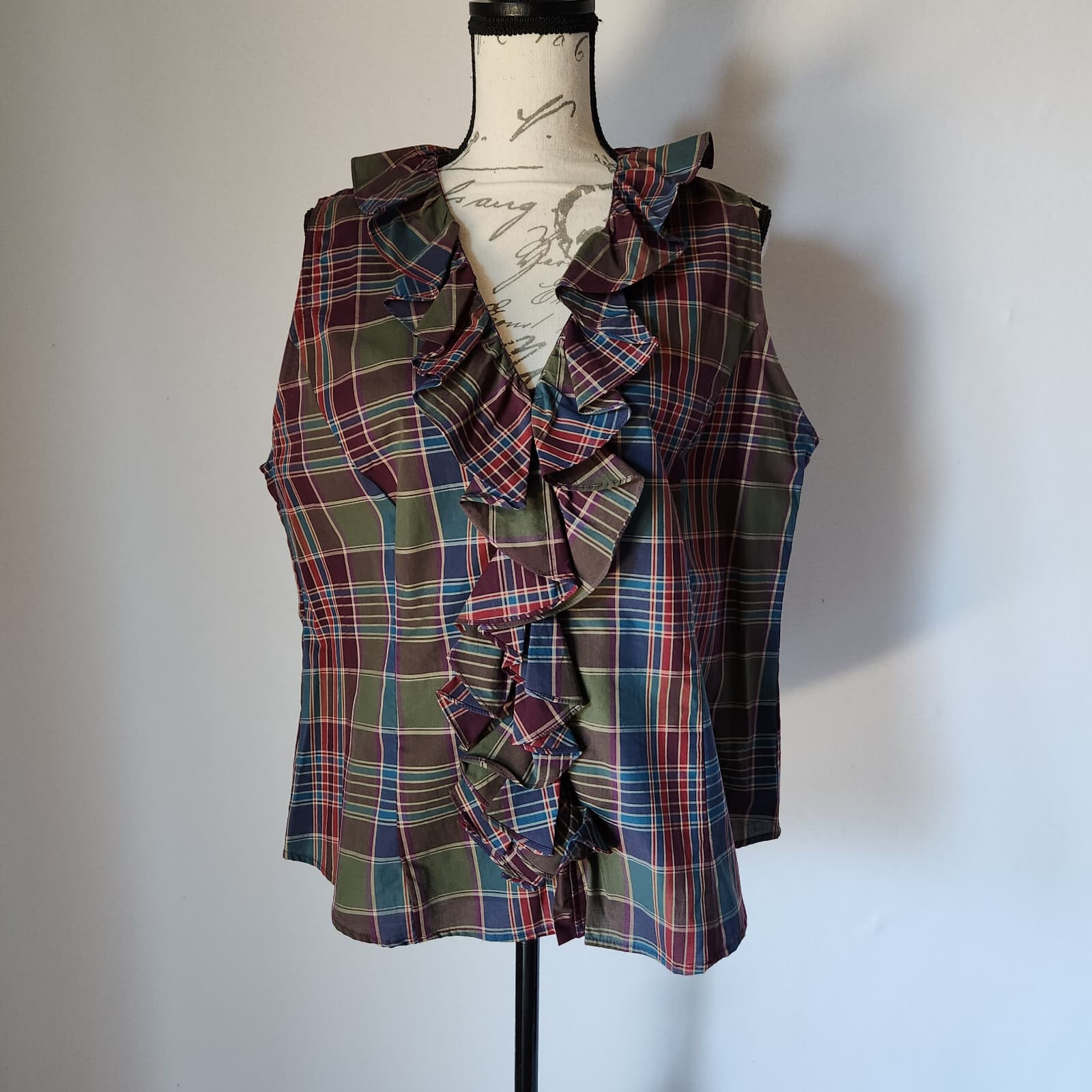 Chaps Plaid Ruffle Women Sz.16 Top Button-Down Sleeveless Multicolor 100% Cotton - Thumbnail 2