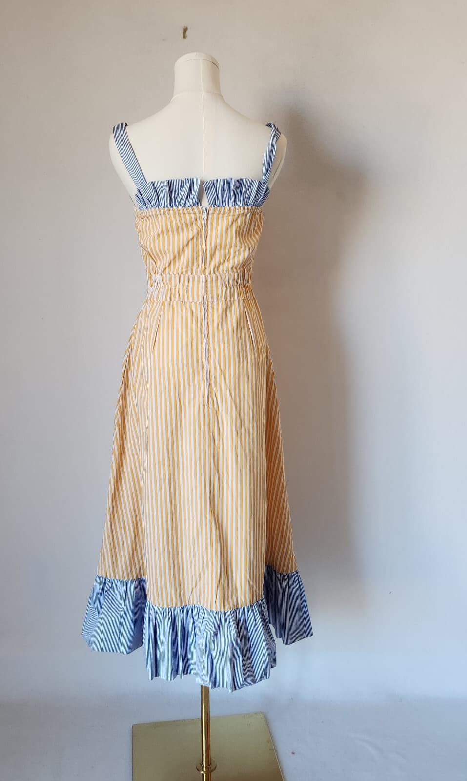 BURU Tiered Fit-Flare Ruffle Sleeveless Midi Dress Pocket Striped Yellow Blue XS - Thumbnail 7