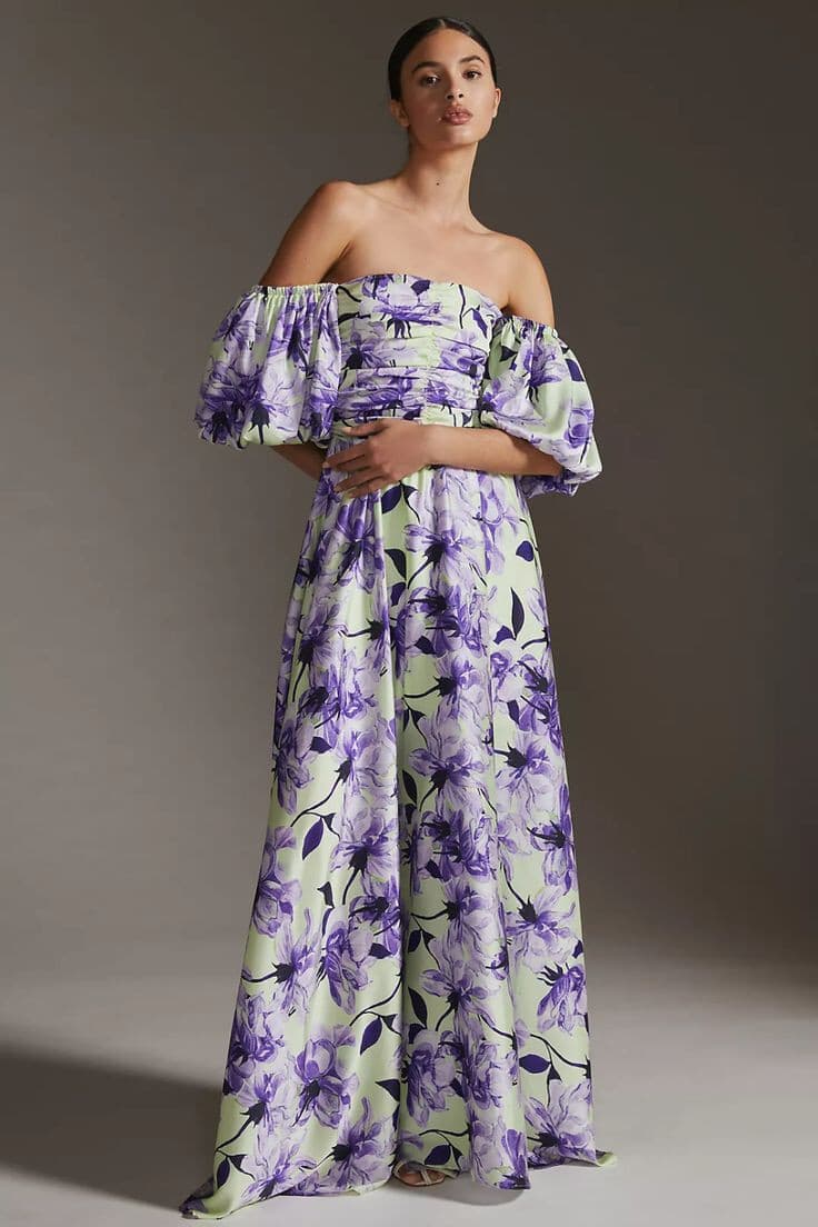 Delfi Collective Puff-Sleeve Floral Maxi Dress Smock Off-The Shoulder Purple XS - Thumbnail 4