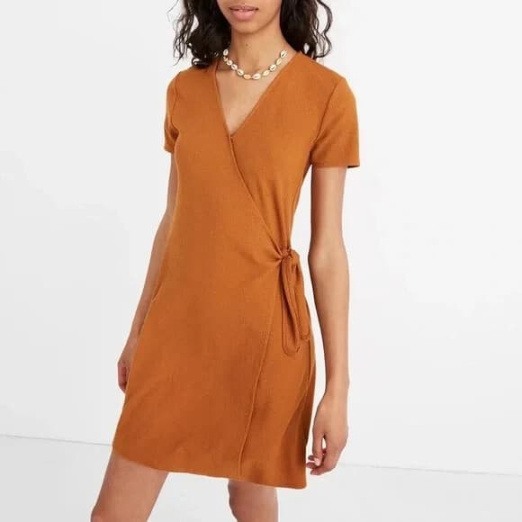 Texture & Thread x Madewell Side-Tie Wrap Dress Short Sleeve Golden Pecan Sz.S - Thumbnail 2