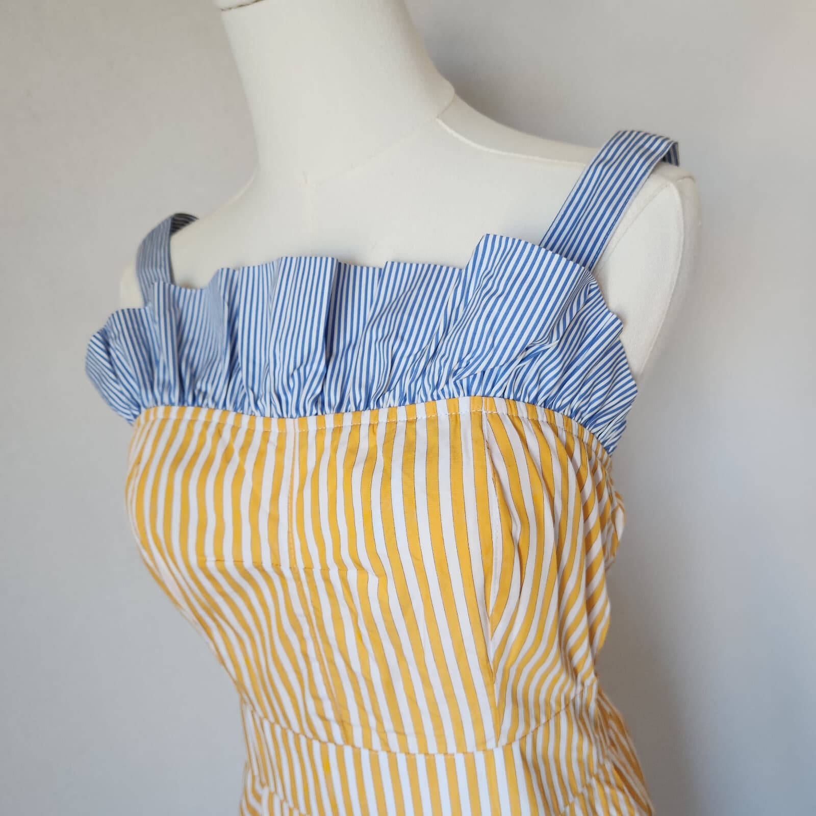 BURU Tiered Fit-Flare Ruffle Sleeveless Midi Dress Pocket Striped Yellow Blue XS - Thumbnail 4