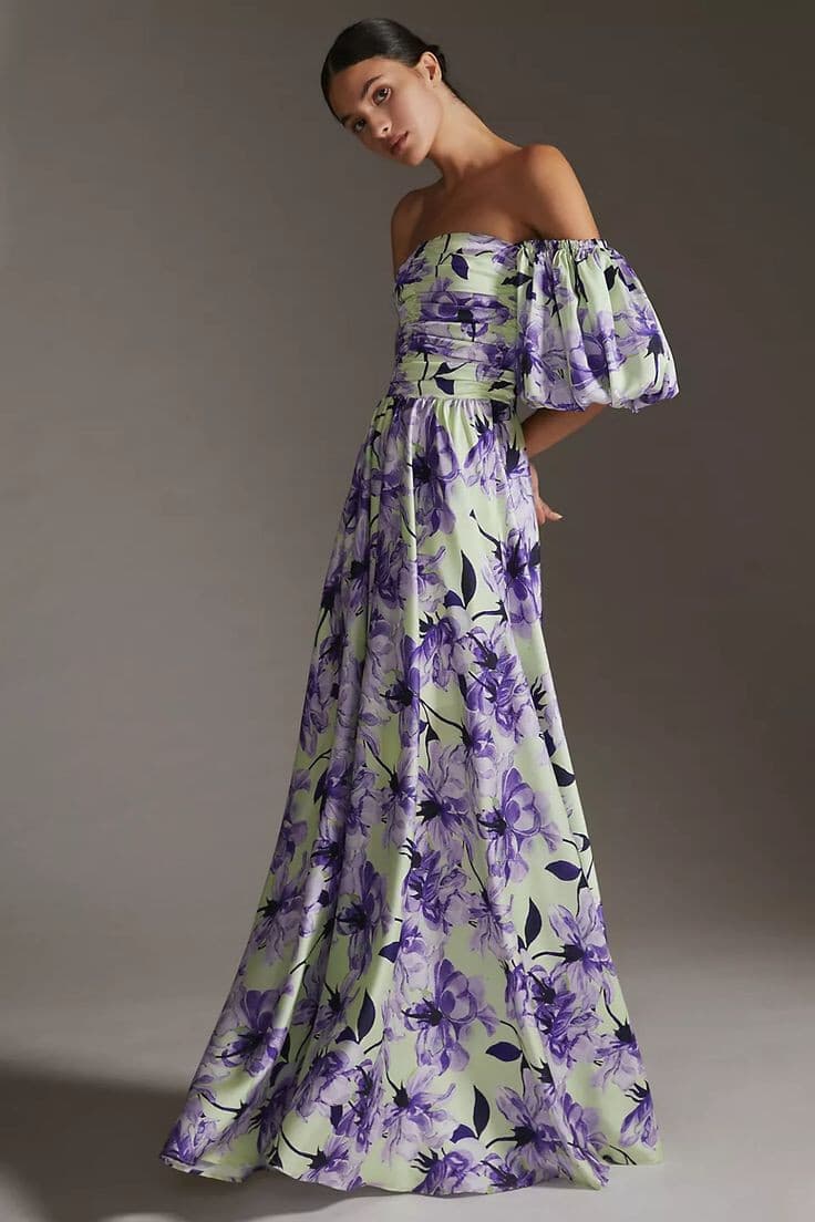 Delfi Collective Puff-Sleeve Floral Maxi Dress Smock Off-The Shoulder Purple XS - Thumbnail 6