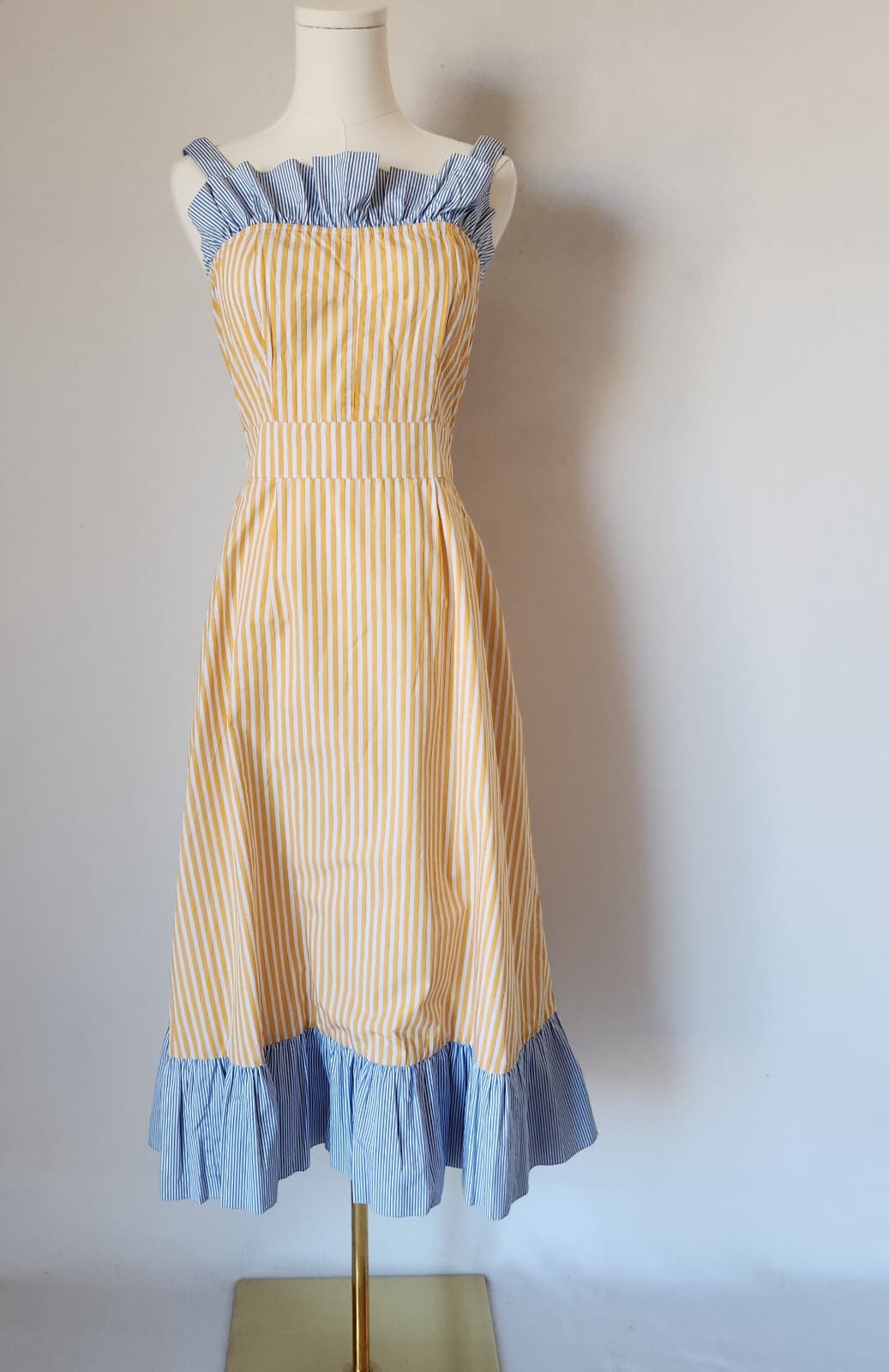 BURU Tiered Fit-Flare Ruffle Sleeveless Midi Dress Pocket Striped Yellow Blue XS - Thumbnail 2