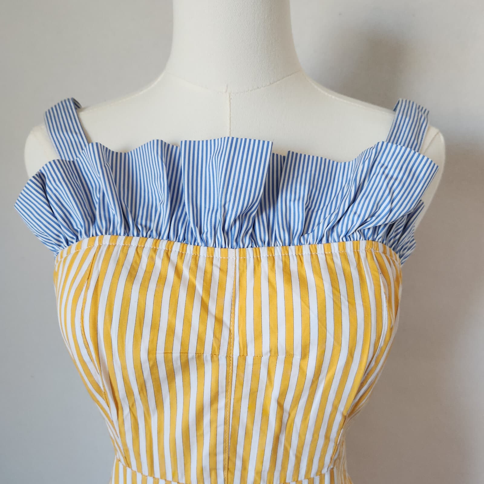 BURU Tiered Fit-Flare Ruffle Sleeveless Midi Dress Pocket Striped Yellow Blue XS - Thumbnail 3