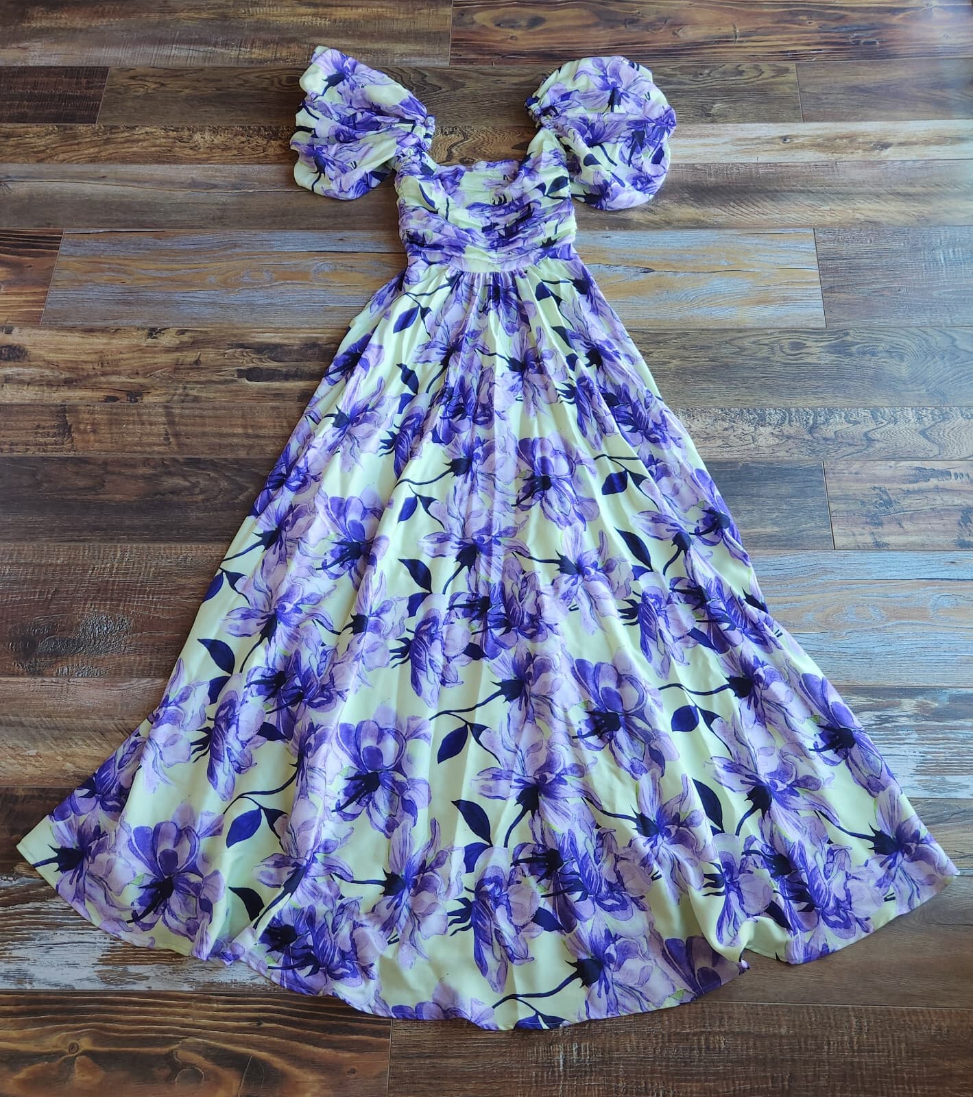 Delfi Collective Puff-Sleeve Floral Maxi Dress Smock Off-The Shoulder Purple XS - Thumbnail 5
