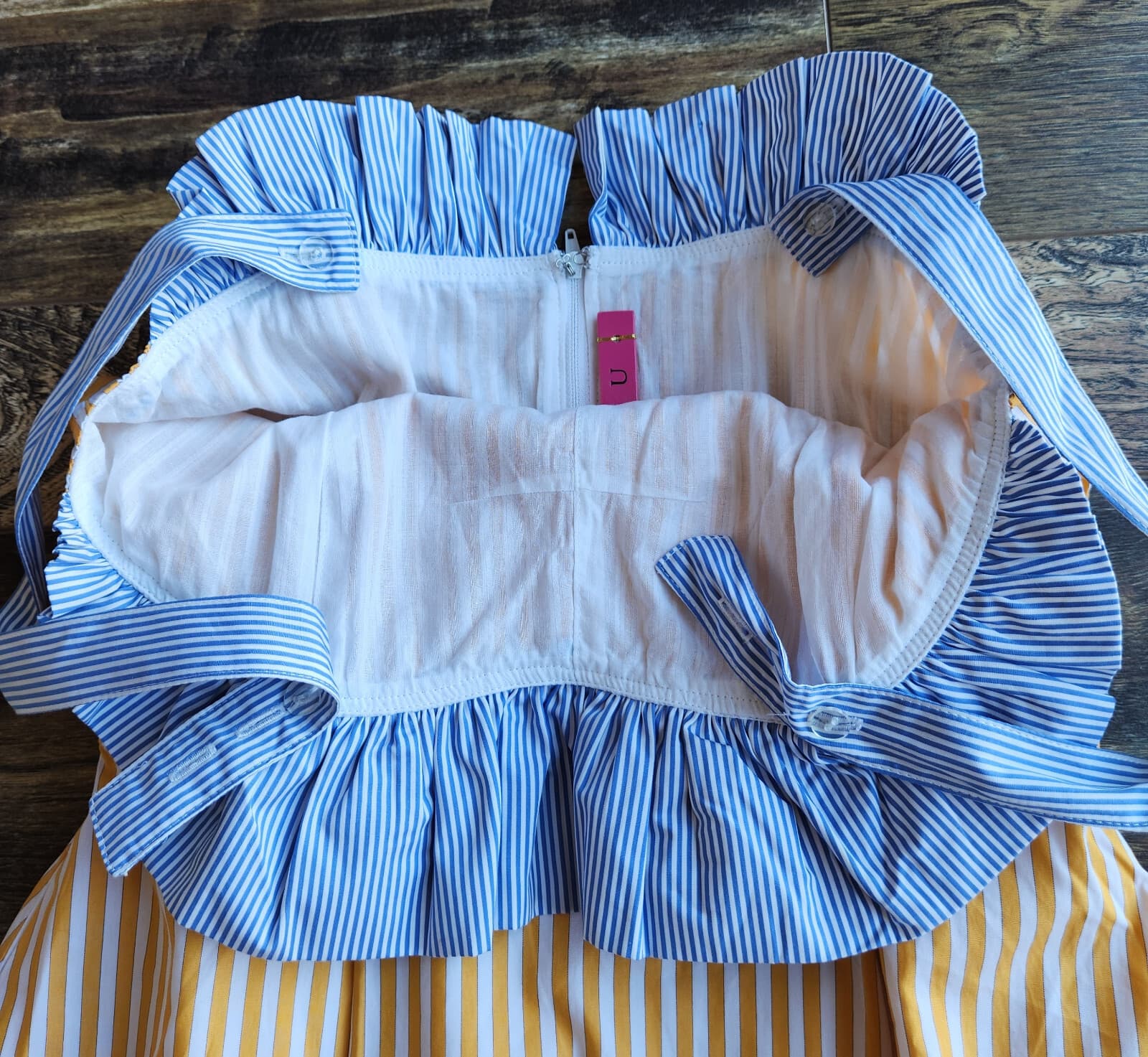 BURU Tiered Fit-Flare Ruffle Sleeveless Midi Dress Pocket Striped Yellow Blue XS - Thumbnail 14