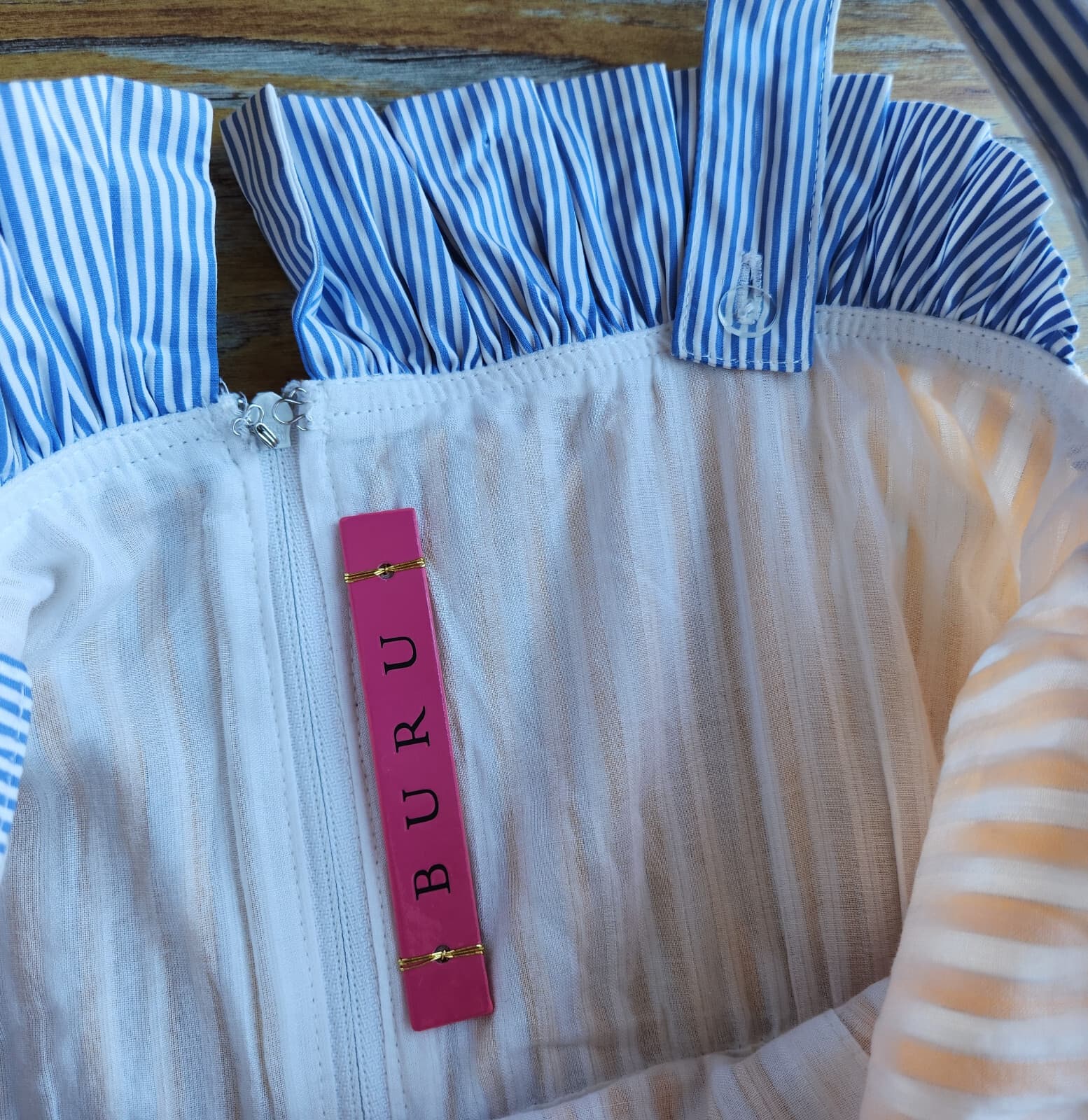 BURU Tiered Fit-Flare Ruffle Sleeveless Midi Dress Pocket Striped Yellow Blue XS - Thumbnail 13