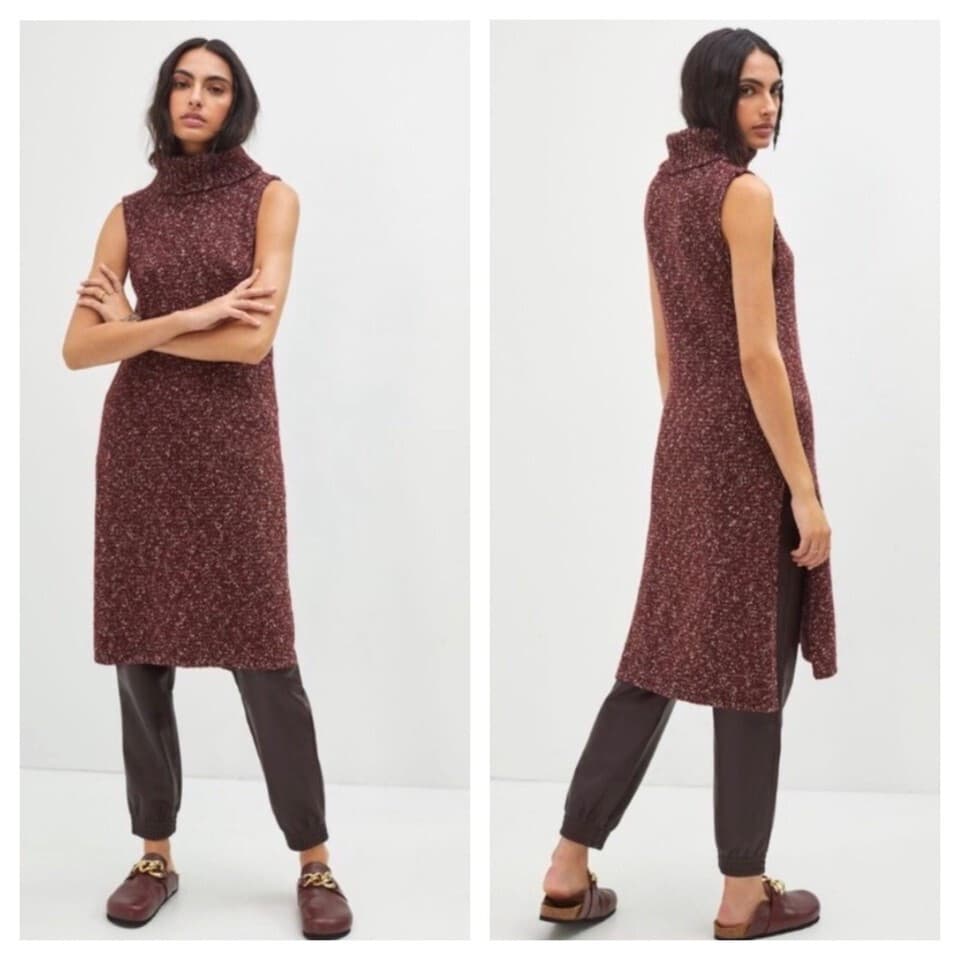 NWT Anthropologie Flowy Midi Sweater Dress Sleeveless Turtle Neck Red Wine Sz.M - Thumbnail 2